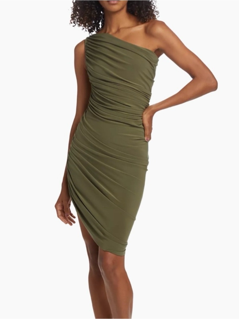 Norma Kamali Diana Mini Ruched Dress in Military Green